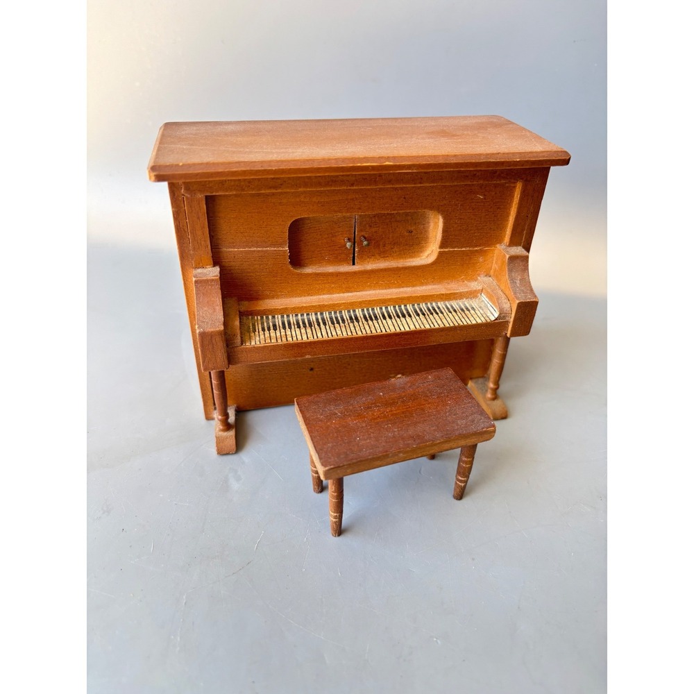 Vintage Miniature Wood Upright‎ Piano Music Box with Bench Made in Taiwan Japan
